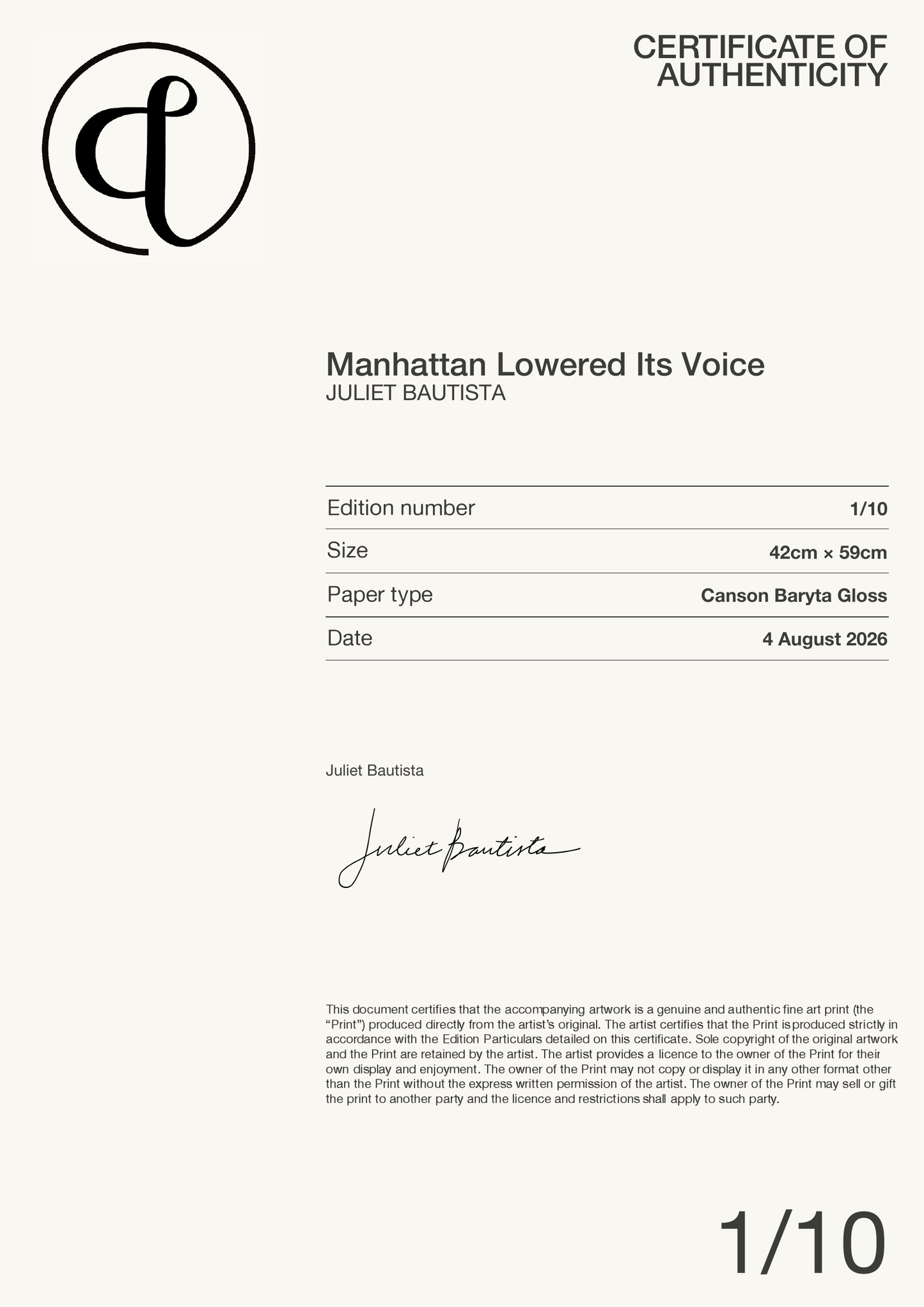 Manhattan Lowered Its Voice — Certificate of Authenticity