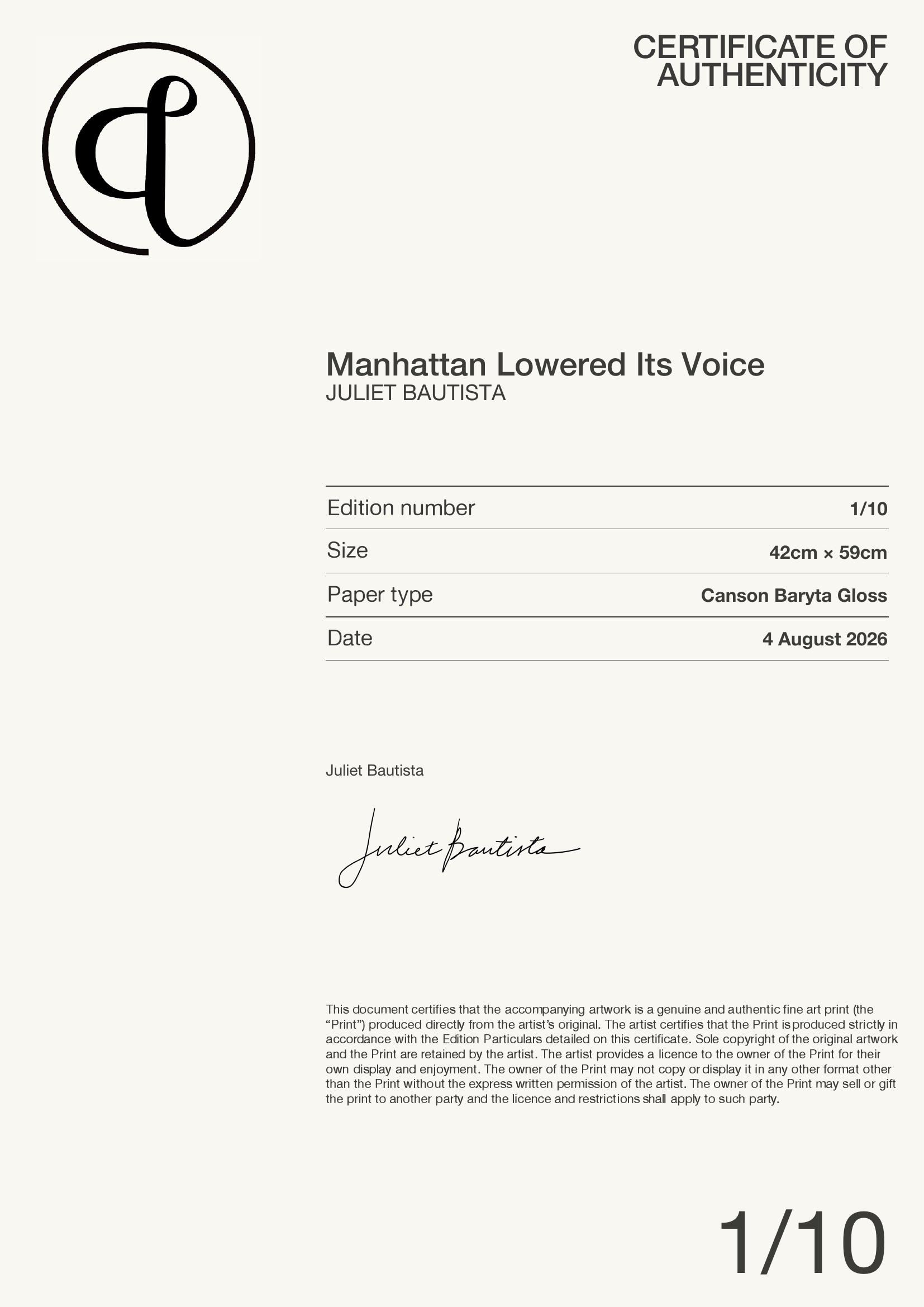 Manhattan Lowered Its Voice — Certificate of Authenticity